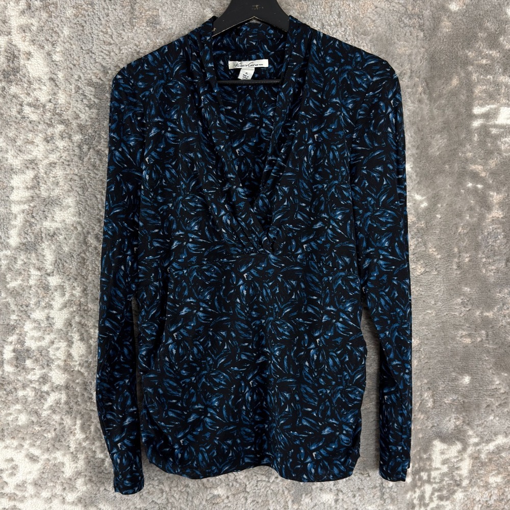 Kenneth Cole Size XL Dark Floral Tropical V Neck Top Black Blue Long Sleeve